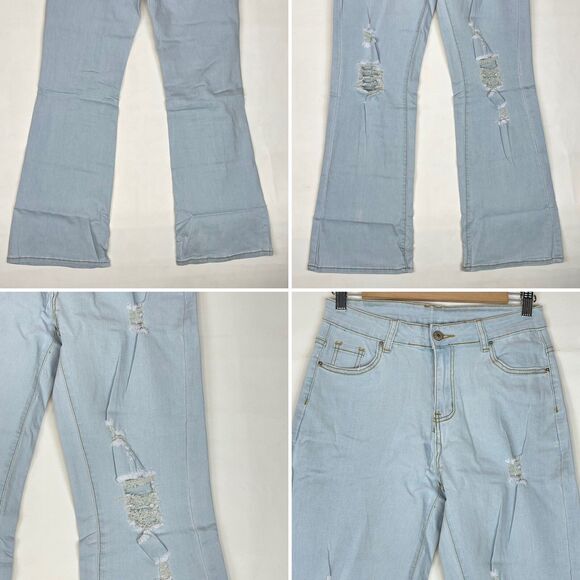 New Women’s Light Wash Distressed Flare Jeans Sz M Fits L XL Stretch High Rise - Picture 10 of 16